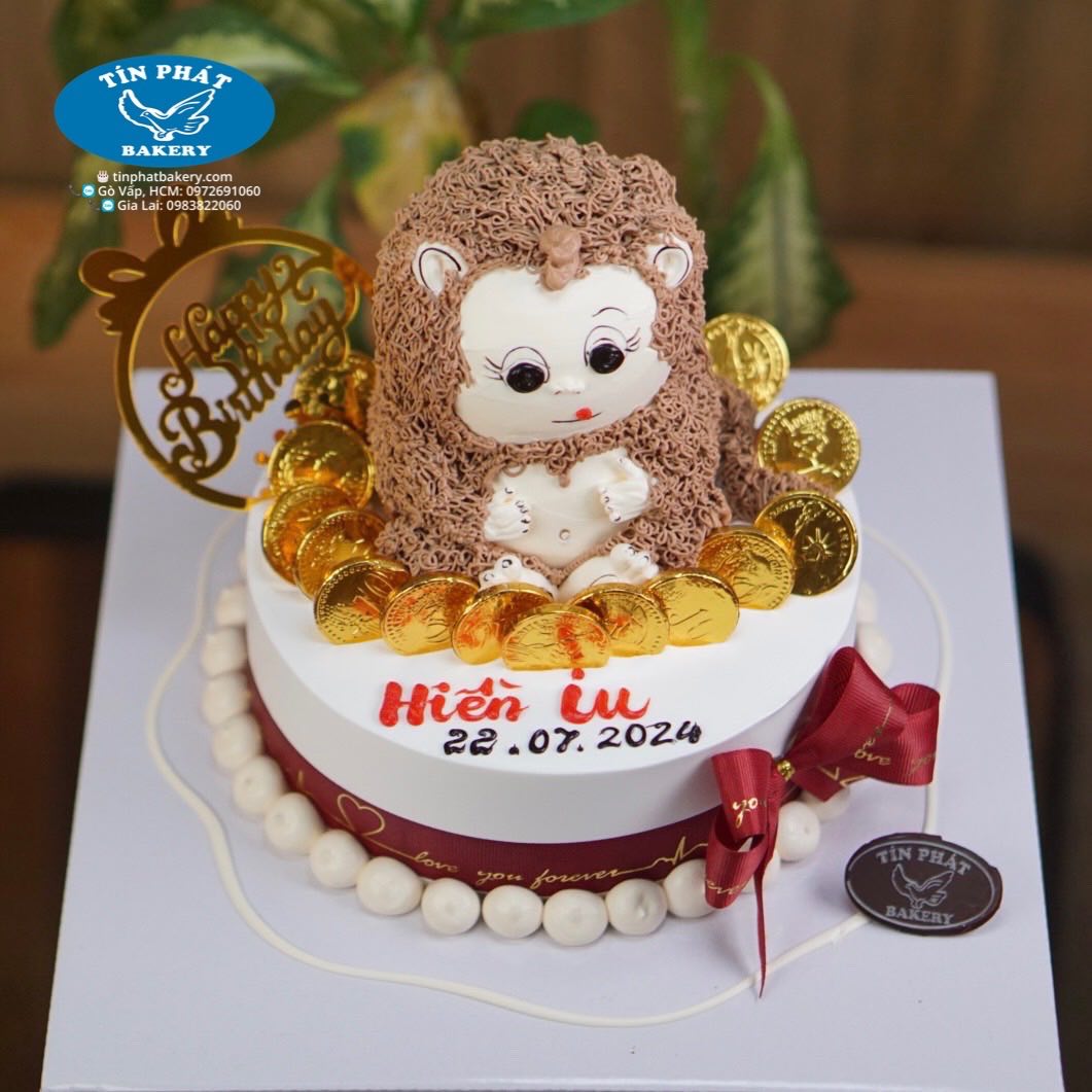 Bánh gato sinh nhật tuổi khỉ dành cho bé gái, khỉ con bên cạnh chiếc nôi  hoa quả 3416 - Bánh fondant